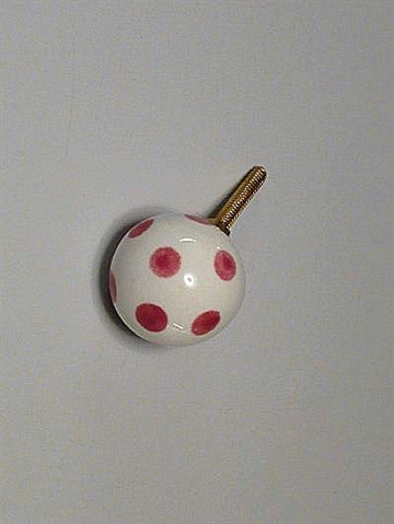 Hvid kugle porcelænsknop m. røde prikker, mellemstor.