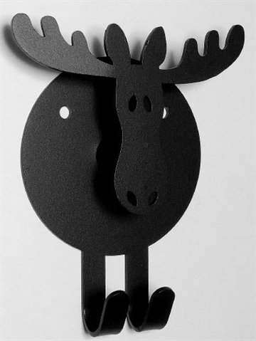 Elg knagerække, svensk design, sort smedejern m. 2 kroge, gevir som knager og hals til bøjler, stor..