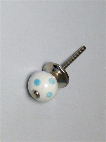 Hvid porcelænsknop m. lyseblå prikker og forkromet metal, lille.