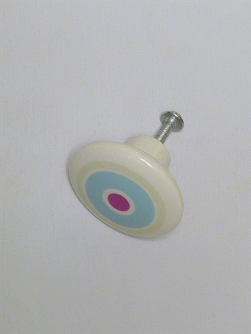 Hvælvet knop, hvid porcelæn m. farvede striber og rødlilla prik, mellemstr.