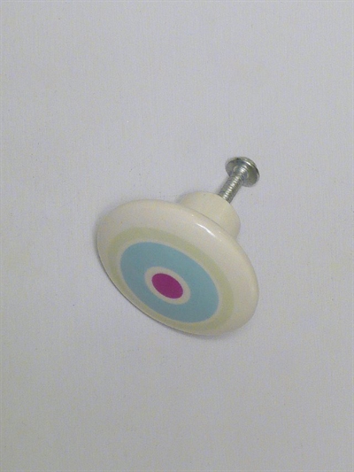 Hvælvet knop, hvid porcelæn m. farvede striber og rødlilla prik, mellemstr.