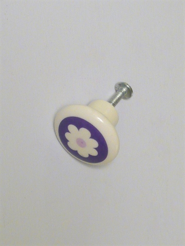 Hvælvet knop, hvid porcelæn m. mørkelilla blomst, lille.