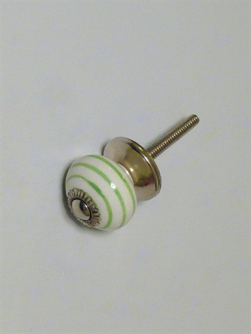 Hvid porcelænsknop m. lysegrønne striber og forkromet metal, lille.
