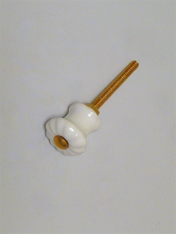 Hvid porcelænsknop m. riller og forgyldt knop, mini.