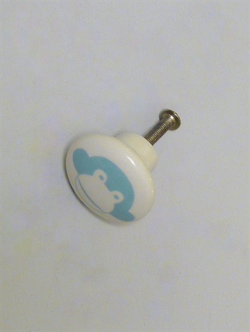 Hvid porcelænsknop m. lyseblå abe, lille.