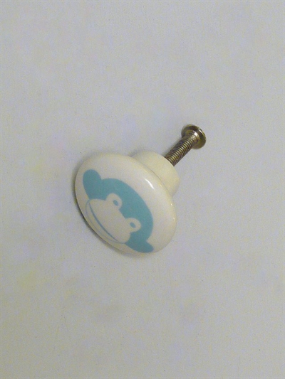 Hvid porcelænsknop m. lyseblå abe, lille.