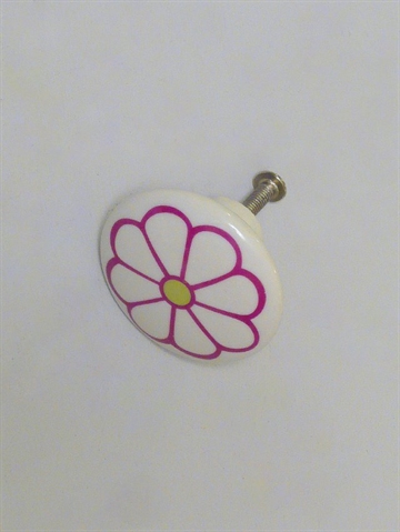Hvid porcelænsknop m. rødlilla blomst..