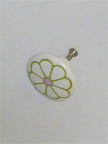 Hvid porcelænsknop m. grøn blomst.
