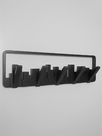 Skyline knagerækken m. bygningssilhuetter og 5 knager, design Helen T. Miller/Tracy Wong, knagerne kan vippes ud og ind, sort hård plast - ( incl. skruer og plugs ).