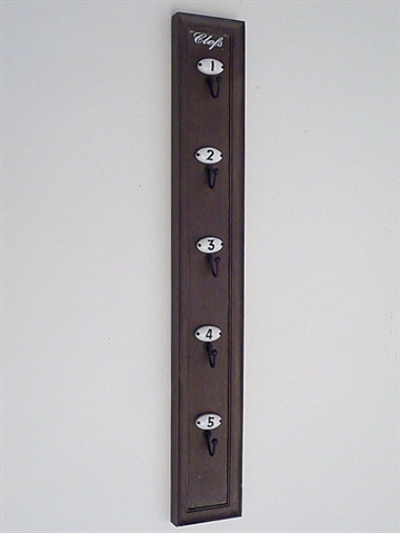 Fransk nøglebræt m. 5 sorte kroge og nummererede porcelæns skilte på mørkebrunt profileret bræt, 70 cm...