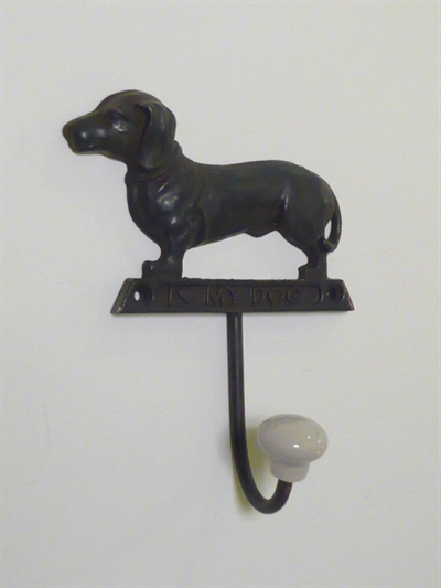 Hunde knage, sortlak metal m. gråhvid porcelænsknop..