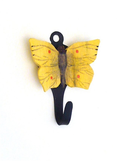 Naturtro "citron" sommerfugl knage, udskåret håndmalet træ m. sort metalkrog.