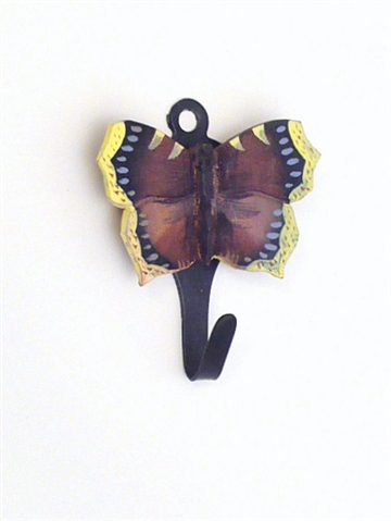 Naturtro "sørgekåbe" sommerfugl knage, udskåret håndmalet træ m. sort metalkrog...