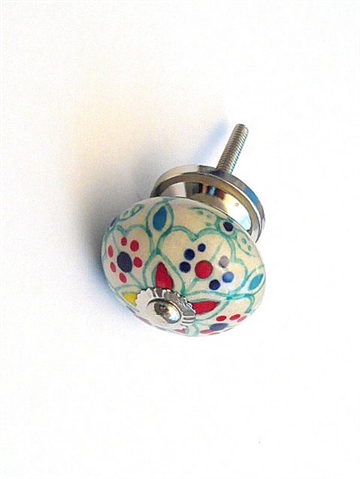  Gråhvid porcelænsknop m. flerfarvet håndmalet mønster og forkromet metal, stor.
