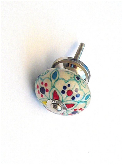  Gråhvid porcelænsknop m. flerfarvet håndmalet mønster og forkromet metal, stor.