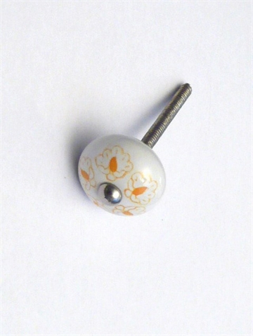 Hvid porcelænsknop m. orange håndmalet mønster og forkromet knop, lille