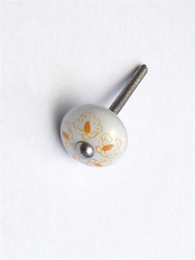 Hvid porcelænsknop m. orange håndmalet mønster og forkromet knop, lille
