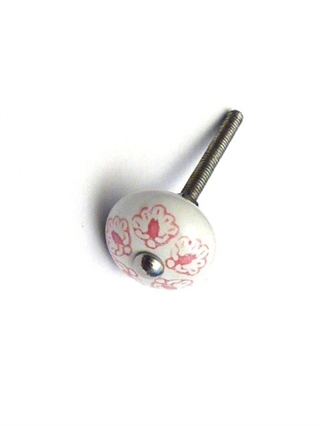 Hvid porcelænsknop m. rosa håndmalet mønster og forkromet knop, lille