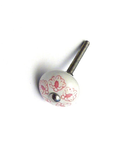 Hvid porcelænsknop m. rosa håndmalet mønster og forkromet knop, lille