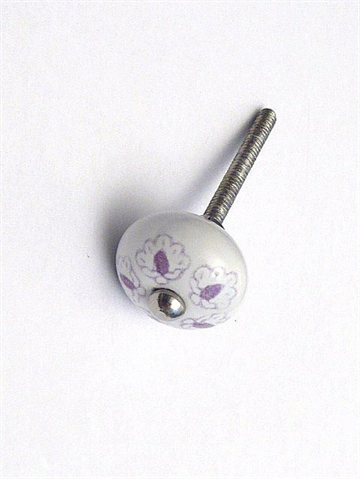 Hvid porcelænsknop m. lilla håndmalet mønster og forkromet knop, lille