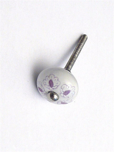 Hvid porcelænsknop m. lilla håndmalet mønster og forkromet knop, lille