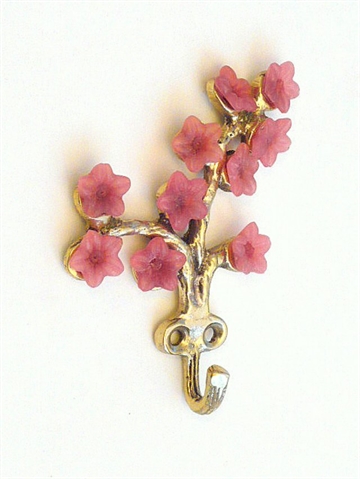 Elodie Lilje knage, kunstsmedet massiv messing m. rosa blomster..