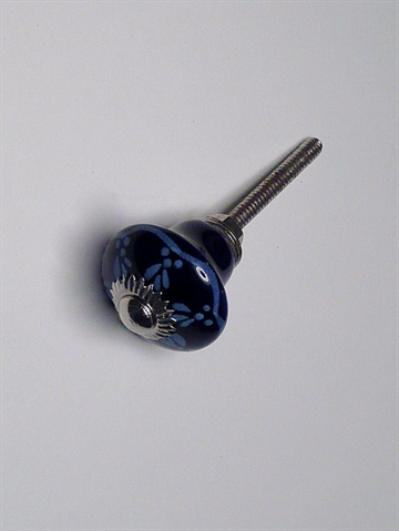 Mørkeblå porcelænsknop m. lyseblåt håndmalet mønster og forkromet metal, lille.