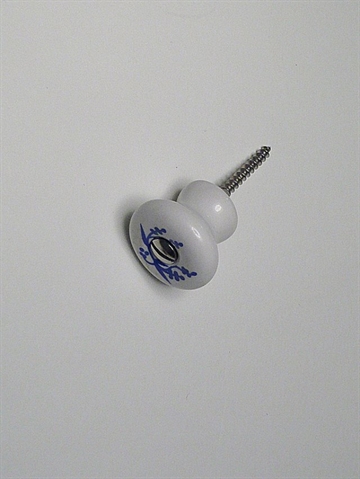 Hvid porcelænsknop m. blåt mønster og forkromet skrue, lille - ( også egnet til væg ).