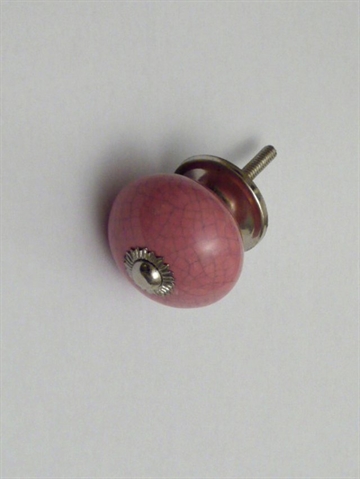 Gl. rosa krakeleret porcelænsknop m. forkromet metal, stor.