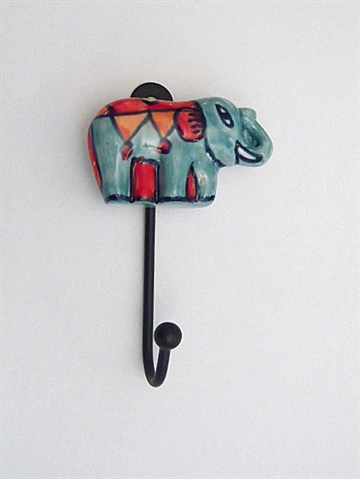 Elefant knage, håndmalet flerfarvet porcelæn m. sort metalkrog...
