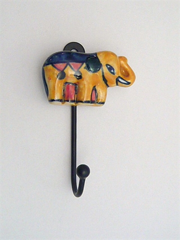 Elefant knage, håndmalet flerfarvet porcelæn m. sort metalkrog.