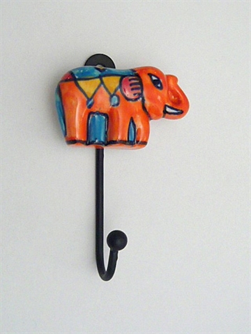 Elefant knage, håndmalet flerfarvet porcelæn m. sort metalkrog..