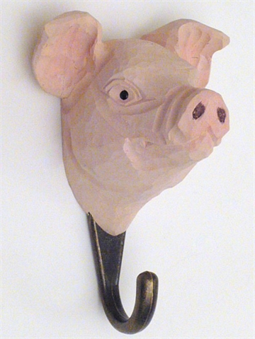 Naturtro gris knage, udskåret håndmalet træ m. patineret messingkrog og ophængsbeslag på bagsiden.