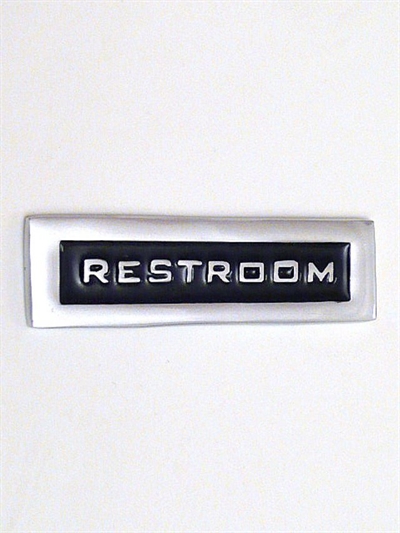 " Restroom " skilt m. sort baggrund, poleret aluminium.