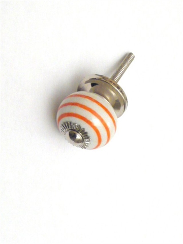 Hvid porcelænsknop m. orange striber og forkromet metal, lille.