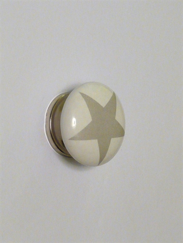 Retroknop, hvid porcelæn m. grå stjerne og forkromet metal, mellemstr.