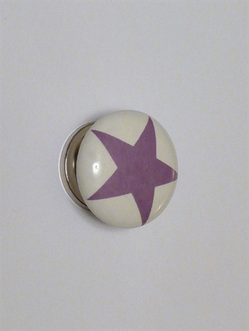 Retroknop, hvid porcelæn m. lilla stjerne og forkromet metal, mellemstr.