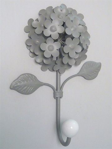 Blomster knage m. hvid porcelænsknop, grålak.metal...