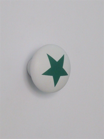 Hvælvet knop, mat hvid porcelæn m. grøn stjerne, lille.