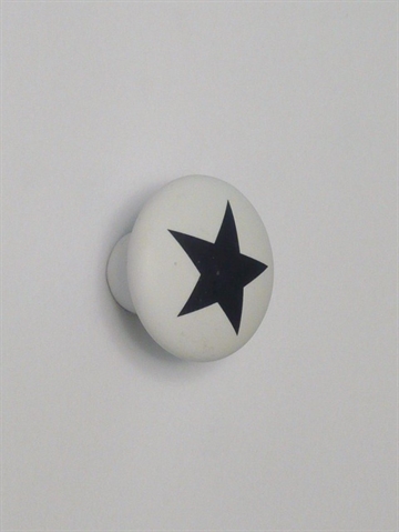 Hvælvet knop, mat hvid porcelæn m. sort stjerne, lille.