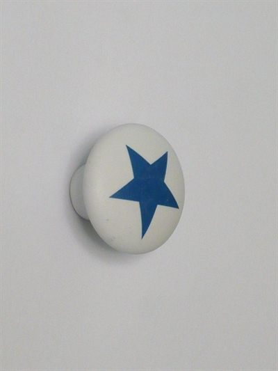 Hvælvet knop, mat hvid porcelæn m. blå stjerne, lille.
